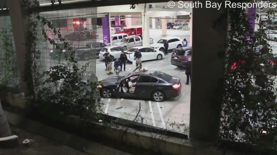 The parking structure where a female suspect crashed her BMW sedan while fleeing from police at the Del Amo Fashion Center on Dec. 23, 2023. (South Bay Responders)