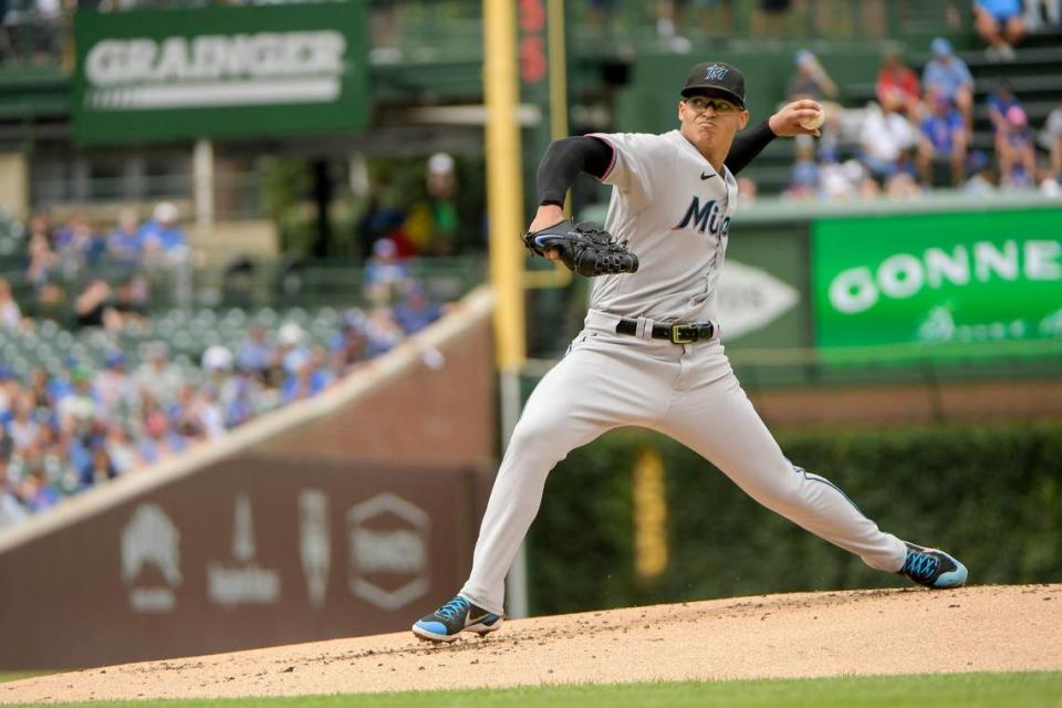 Miami Marlins starting pitcher Jesus Luzardo throws against the Chicago Cubs during the first inning of a baseball game, Sunday, Aug. 7, 2022, at Wrigley Field in Chicago.