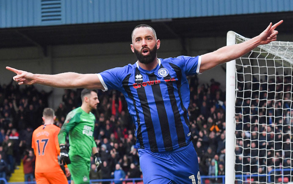 Rochdale's Aaron Wilbraham celebrates scoring his side's first goal of the game. (Credit: Getty Images)