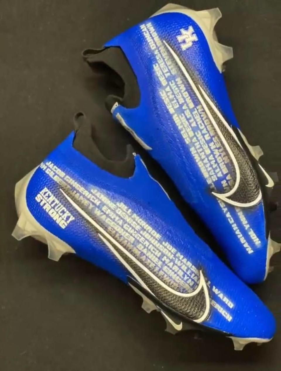 Screenshot from a video shared by Kentucky quarterback Will Levis on Twitter. Levis is wearing cleats in honor of tornado victims during the Wildcats’ game against Iowa on Saturday.