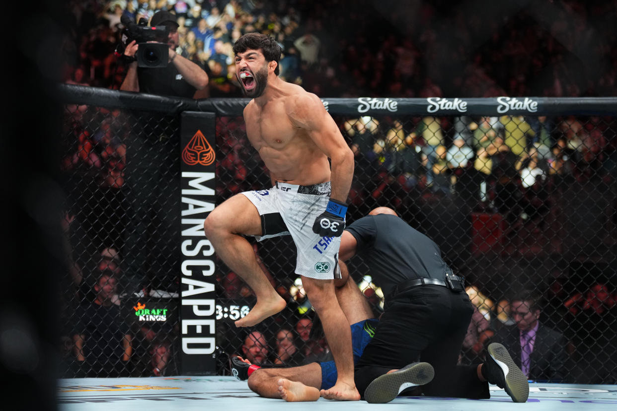 AUSTIN, TEXAS - DECEMBER 02: Arman Tsarukyan of Georgia reacts after his KO victory over Beneil Dariush of Iran in a lightweight fight during the UFC Fight Night event at Moody Center on December 02, 2023 in Austin, Texas. (Photo by Cooper Neill/Zuffa LLC via Getty Images)