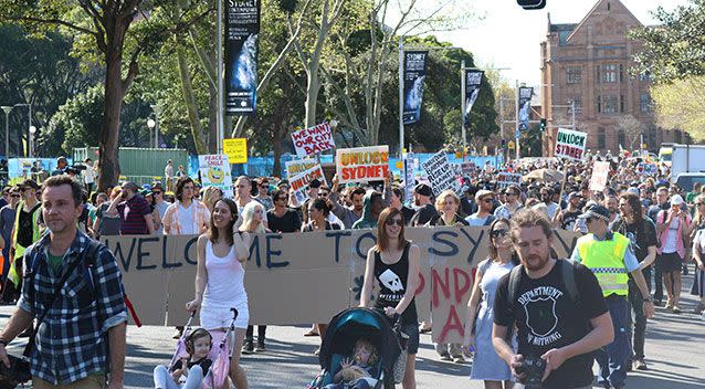 Mothers with strollers led the march from Hyde Park to Kings Cross. Source: Nicholas McCallum