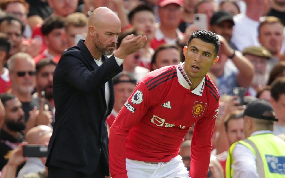  Manchester United manager Erik ten Hag sends on substitute Cristiano Ronaldo during the Premier League match at Old Trafford - Ian Hodgson/PA Wire