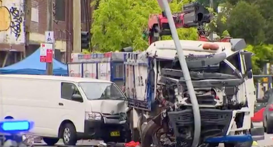 The crash scene on Botany Road, Alexandria on Wednesday. Source: 7 News