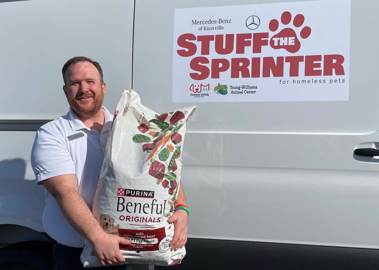 Mercedes-Benz of Knoxville Marketing Manager Nate McLaughlin said the Stuff the Sprinter for Homeless Pets will last until the end of November. He said he hopes to fill the cargo van with two tons of pet food and supplies. The kickoff event was Nov. 11, 2023, at the dealership on 10131 Parkside Drive.