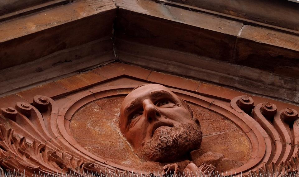 A terracotta sculpture of Frank Jones (1832-1904) in the gables above The Rockingham Hotel in Portsmouth.
[Rich Beauchesne/Seacoastonline]