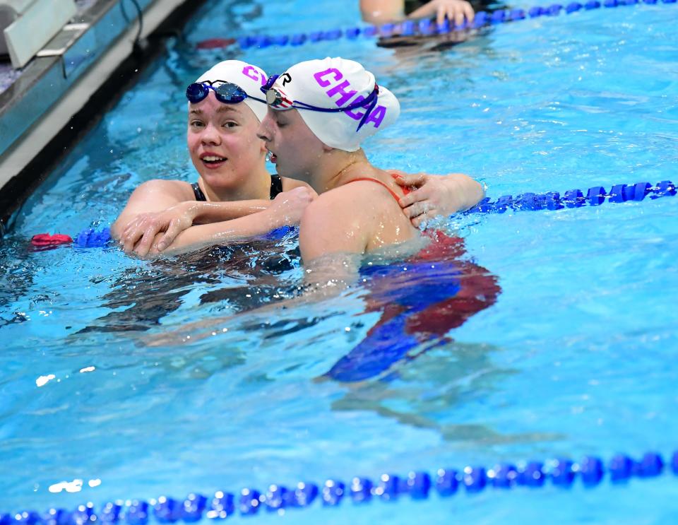 CHCA juniors Julia Shafer, left, and Taylor Bacher, right, both swam in the 200-yard freestyle in the 2023 Southwest Ohio High School Swimming and Diving Classic.