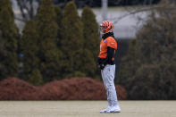 Cincinnati Bengals quarterback Joe Burrow stands on the field during an NFL football practice in Cincinnati, Thursday, Jan. 26, 2023. The Bengals are scheduled to play the Kansas City Chiefs Sunday in the AFC championship game. (AP Photo/Aaron Doster)