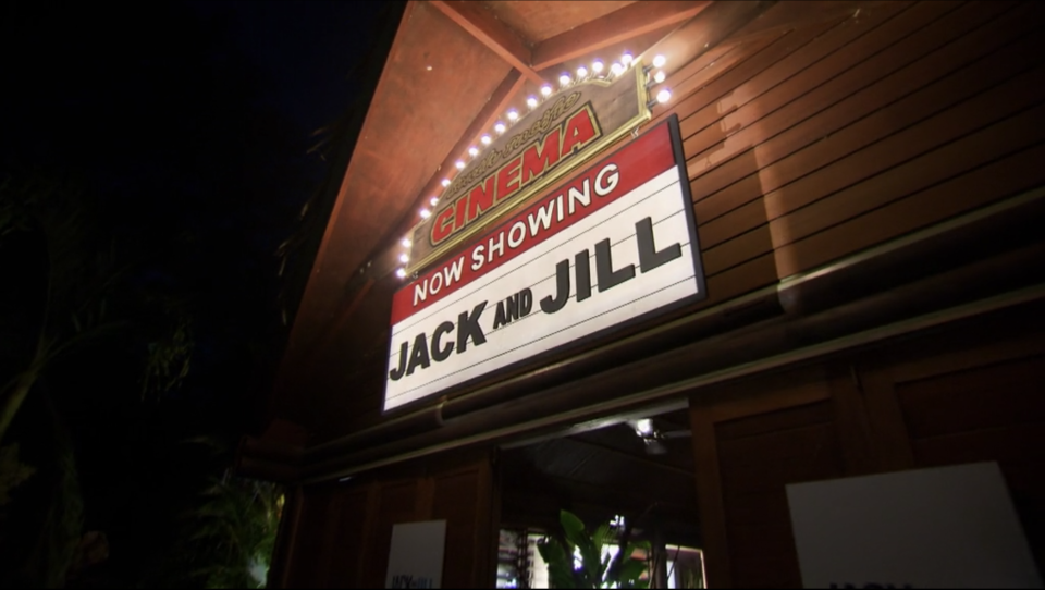 A theatre marquee that reads "Now Showing Jack and Jill"