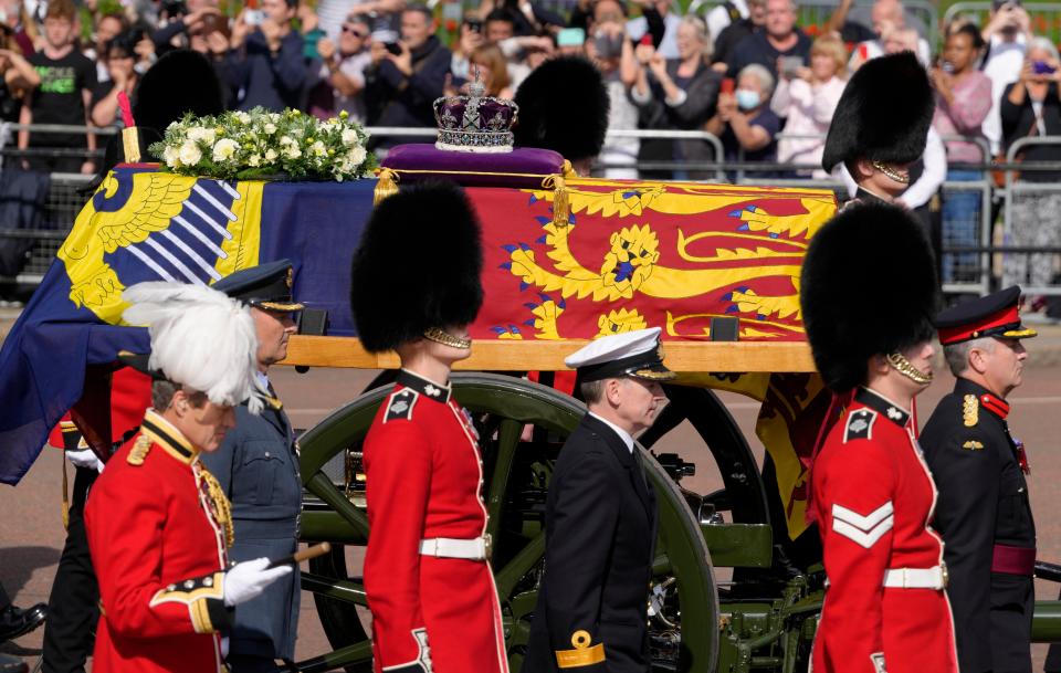 Grenadier Guards flank the coffin of Queen Elizabeth II (AP)