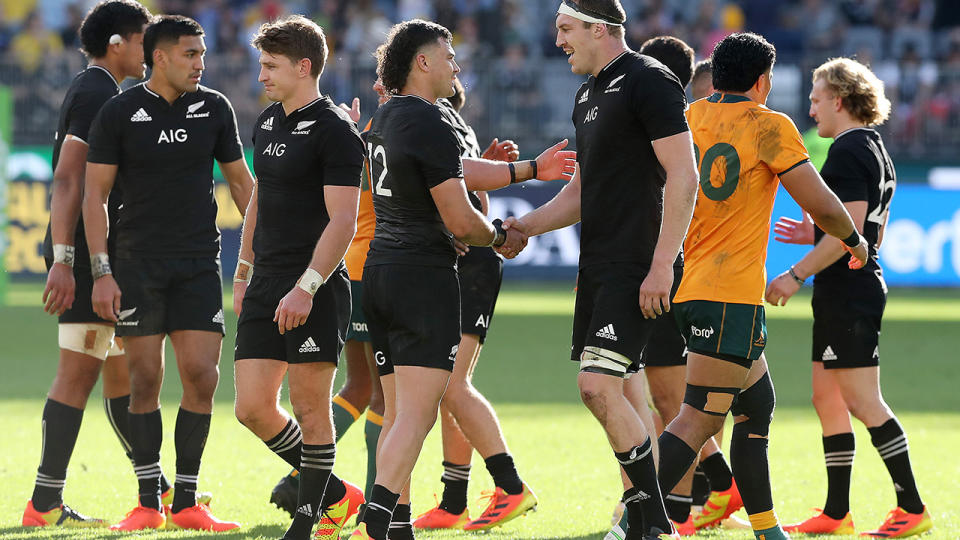 All Blacks players, pictured here celebrating after their win in the third Bledisloe Test.