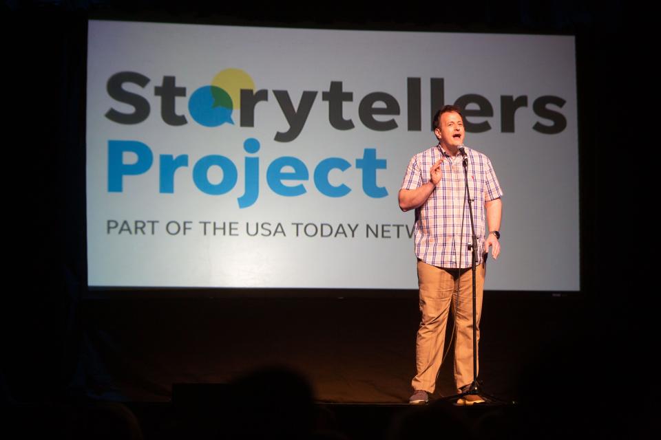 Tony Dahlman performs at the "Growing Up" themed Storytellers event at Hoyt Sherman Place in Des Moines, Tuesday, April 26, 2022.