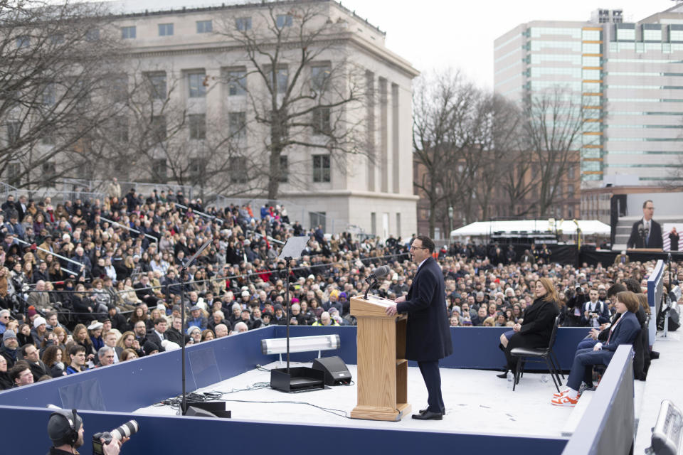 Democratic Gov. Josh Shapiro speaks after taking the oath of office to become Pennsylvania's 48th governor, Tuesday, Jan. 17, 2023, at the state Capitol in Harrisburg, Pa. (AP Photo/Matt Rourke)