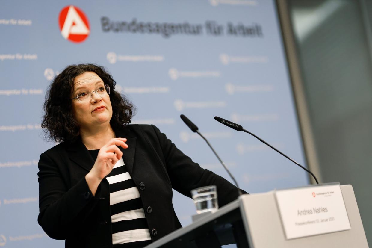 Andrea Nahles, Vorstandsvorsitzende der Bundesagentur für Arbeit, spricht in Nürnberg zur Lage auf dem deutschen Arbeitsmarkt im Dezember 2022, die Bundesagentur gibt ihre monatliche Statistik bekannt. - Copyright: Picture Alliance