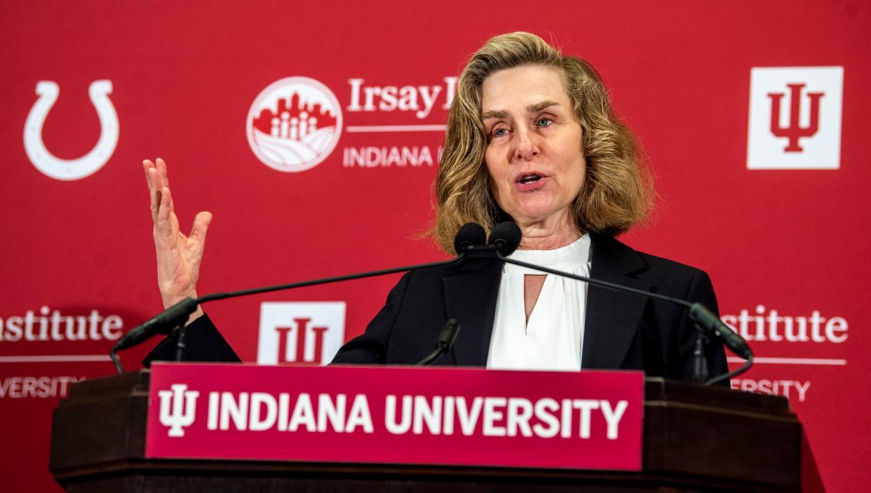 Indiana University President Pamala Whitten speaks at the Irsay Institute at Indiana University during the introduction to the facility on Thursday, March 9, 2023.