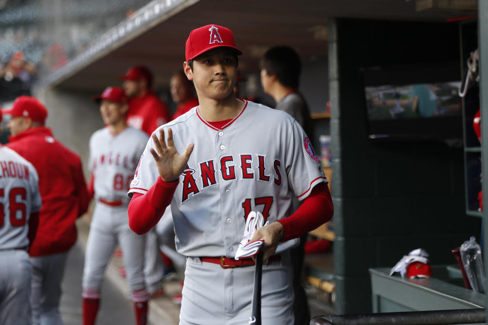 Los Angeles Angels' Shohei Ohtani waves before the team's baseball game against the Detroit Tigers in Detroit, Tuesday, May 7, 2019. (AP Photo/Paul Sancya)