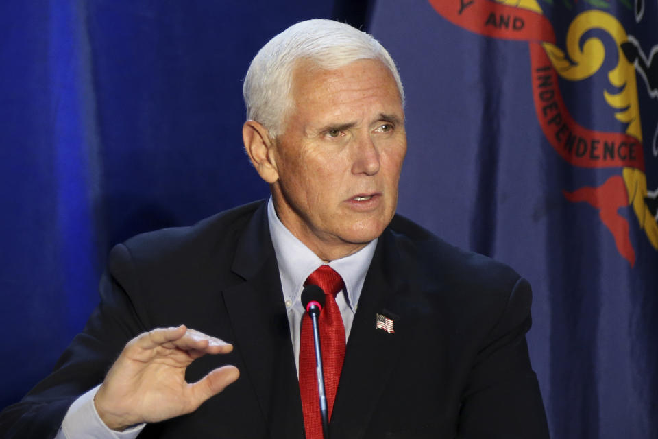 Vice President Mike Pence speaks during a roundtable discussion on reopening the economy at Rajant Corporation, which makes wireless communication systems, in Malvern, Pa., Thursday, July 9, 2020. (Tim Tai/The Philadelphia Inquirer via AP, Pool)