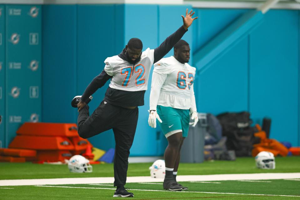 Jun 4, 2024; Miami Gardens, FL, USA; Miami Dolphins offensive tackle Terron Armstead (72) works out during mandatory minicamp at Baptist Health Training Complex. Mandatory Credit: Sam Navarro-USA TODAY Sports