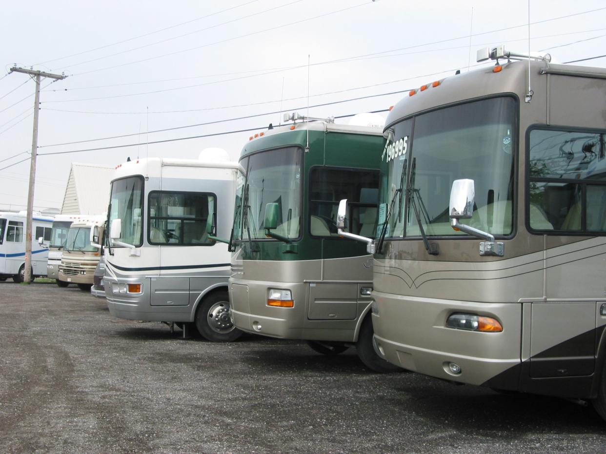 Various Motorhomes parked in a RV Sales lot 