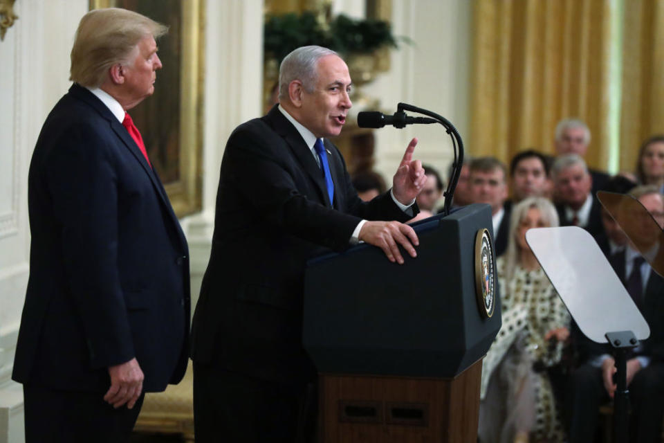 Israeli Prime Minister Benjamin Netanyahu speaks during a press conference with U.S. President Donald Trump in the East Room of the White House on January 28, 2020 in Washington, DC. | Alex Wong/Getty Images