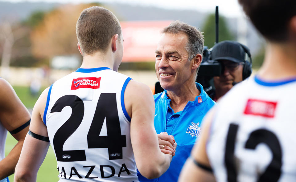 Alastair Clarkson, pictured here after North Melbourne's win over Gold Coast in round 24. 