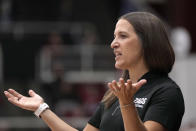 Gonzaga head coach Lisa Fortier gestures after a referee's call during the first half of an NCAA college basketball game against Stanford in Stanford, Calif., Sunday, Dec. 4, 2022. (AP Photo/Tony Avelar)