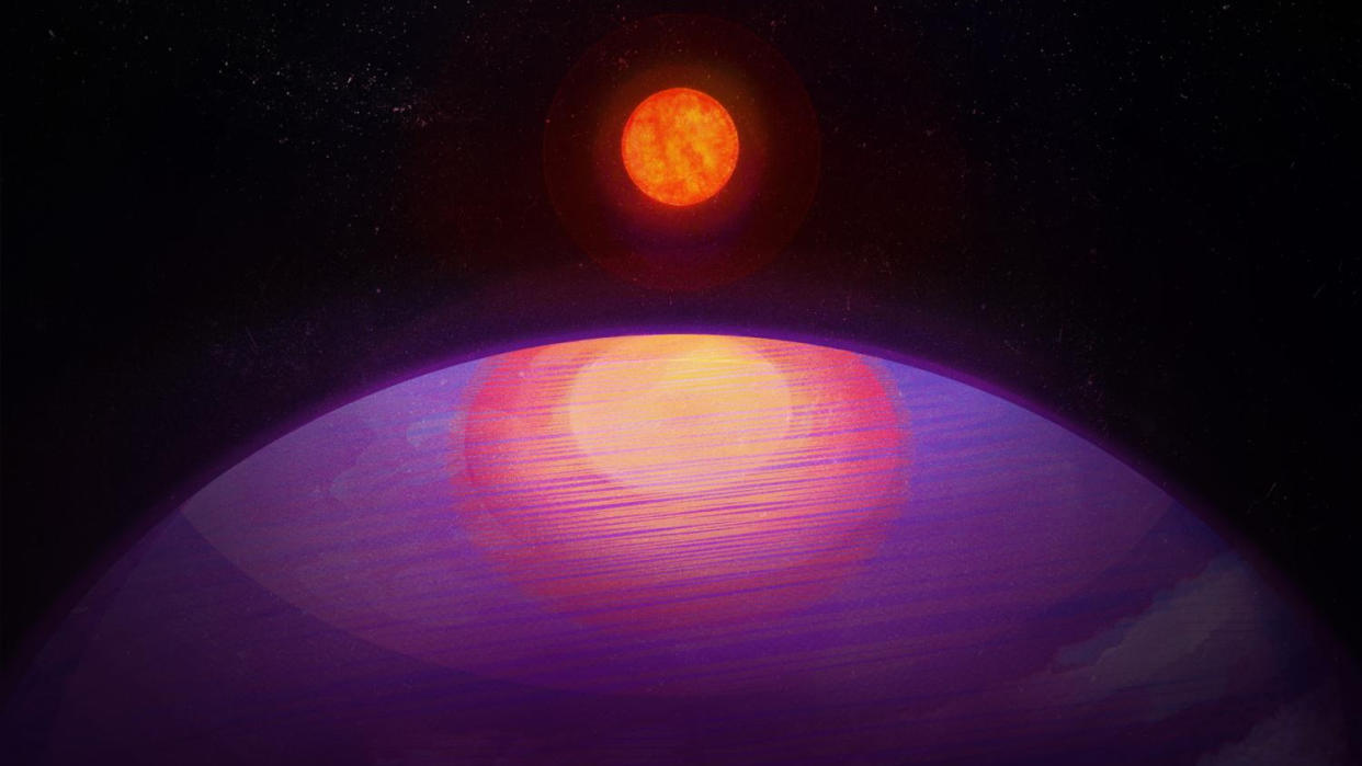  The top half of a large purple orb raises from the bottom like an eye peering upward, its diameter spanning the bottom of the image, near its top, lighter purple in the shape of an eye, with a red/orange iris and yellow pupil. a small orange/yellow sun hangs above in the center. Illustration shows a massive planet in orbit around a diminutive star. 