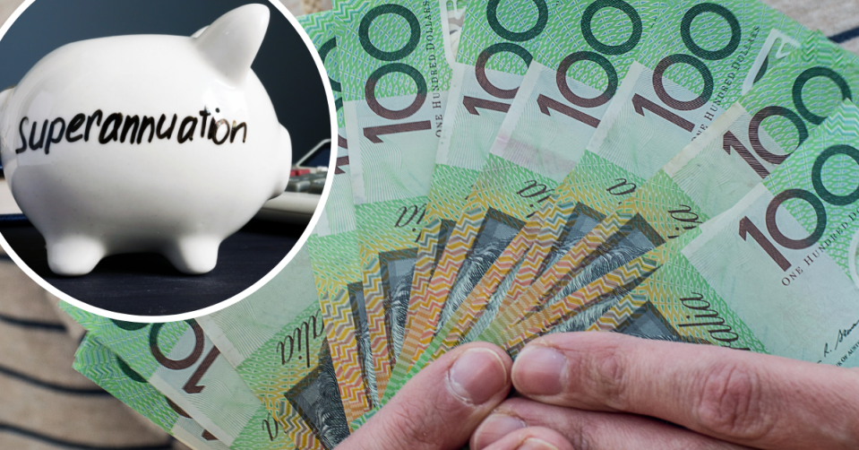 Piggy bank with the world 'superannuation' on the side and hands holding $100 notes.