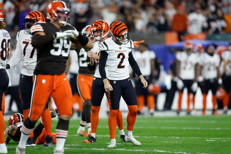 Bengals kicker Evan McPherson (2) reacts after missing a first-half field goal in Cleveland, Monday, Oct. 31, 2022.