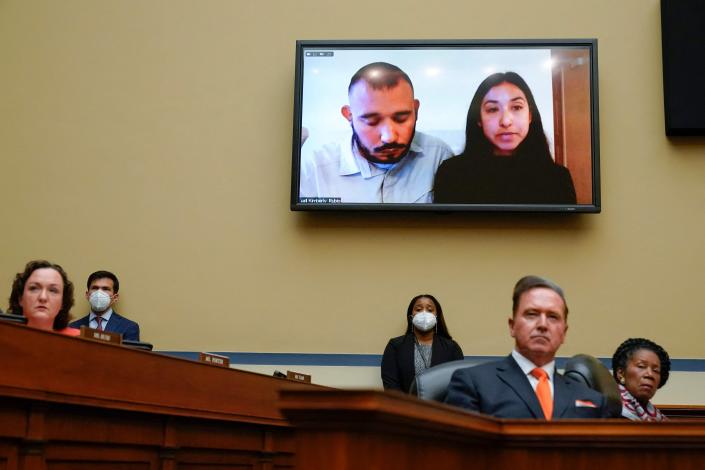 Felix Rubio and Kimberly Rubio, parents of Lexi Rubio 10, a victim of the mass shooting in Uvalde, Texas, appear on a screen as they testify remotely during a House Committee on Oversight and Reform hearing on gun violence on Capitol Hill in Washington, DC, on June 8, 2022.