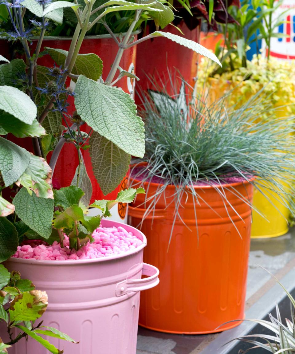 2. Mulch pots with colorful gravel