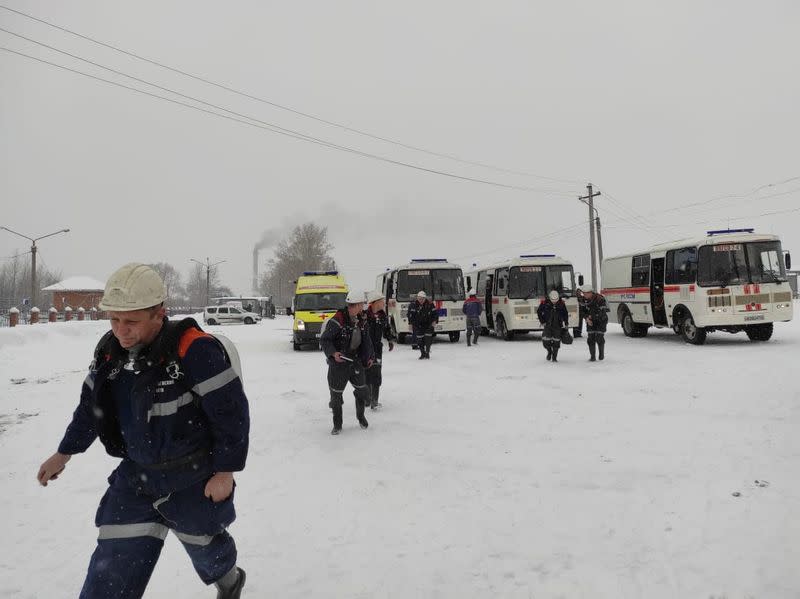 Specialists take part in a rescue operation following a fire in a coal mine in the Kemerovo region