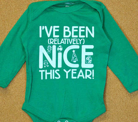 <div class="caption-credit"> Photo by: Etsy</div><b>Nice? Maybe... <br></b> I'm a big fan of tongue in cheek sayings - especially on baby bodysuits. This green number states "I've been (relatively) nice this year!" <br> <i><a href="http://www.disneybaby.com/blog/holiday-themed-bodysuits-for-baby/#slide2" rel="nofollow noopener" target="_blank" data-ylk="slk:Get it here;elm:context_link;itc:0;sec:content-canvas" class="link ">Get it here</a></i> <br>