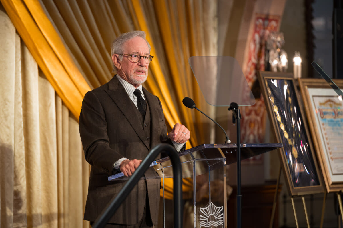 Steven Spielberg speaks on stage at a University of Southern California event honoring Holocaust survivors who gave testimony to its Shoah Foundation in Los Angeles on March 25, 2024.