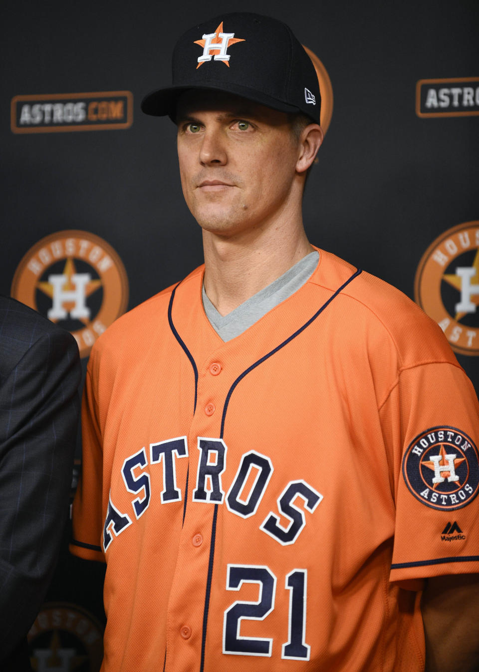 Houston Astros pitcher Zack Greinke stands after a news conference before a baseball game against the Seattle Mariners, Friday, Aug. 2, 2019, in Houston. Greinke was acquired via a trade with the Arizona Diamondbacks on July 31. (AP Photo/Eric Christian Smith)
