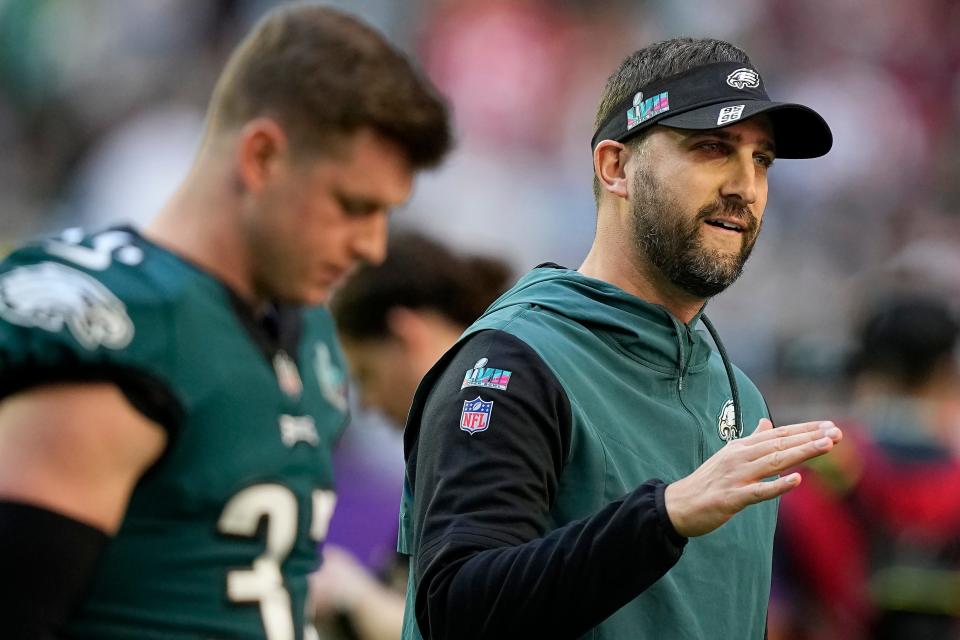 Philadelphia Eagles head coach Nick Sirianni enters the field with his team before Super Bowl 57 against the Kansas City Chiefs, Sunday, Feb. 12, 2023, in Glendale, Ariz.