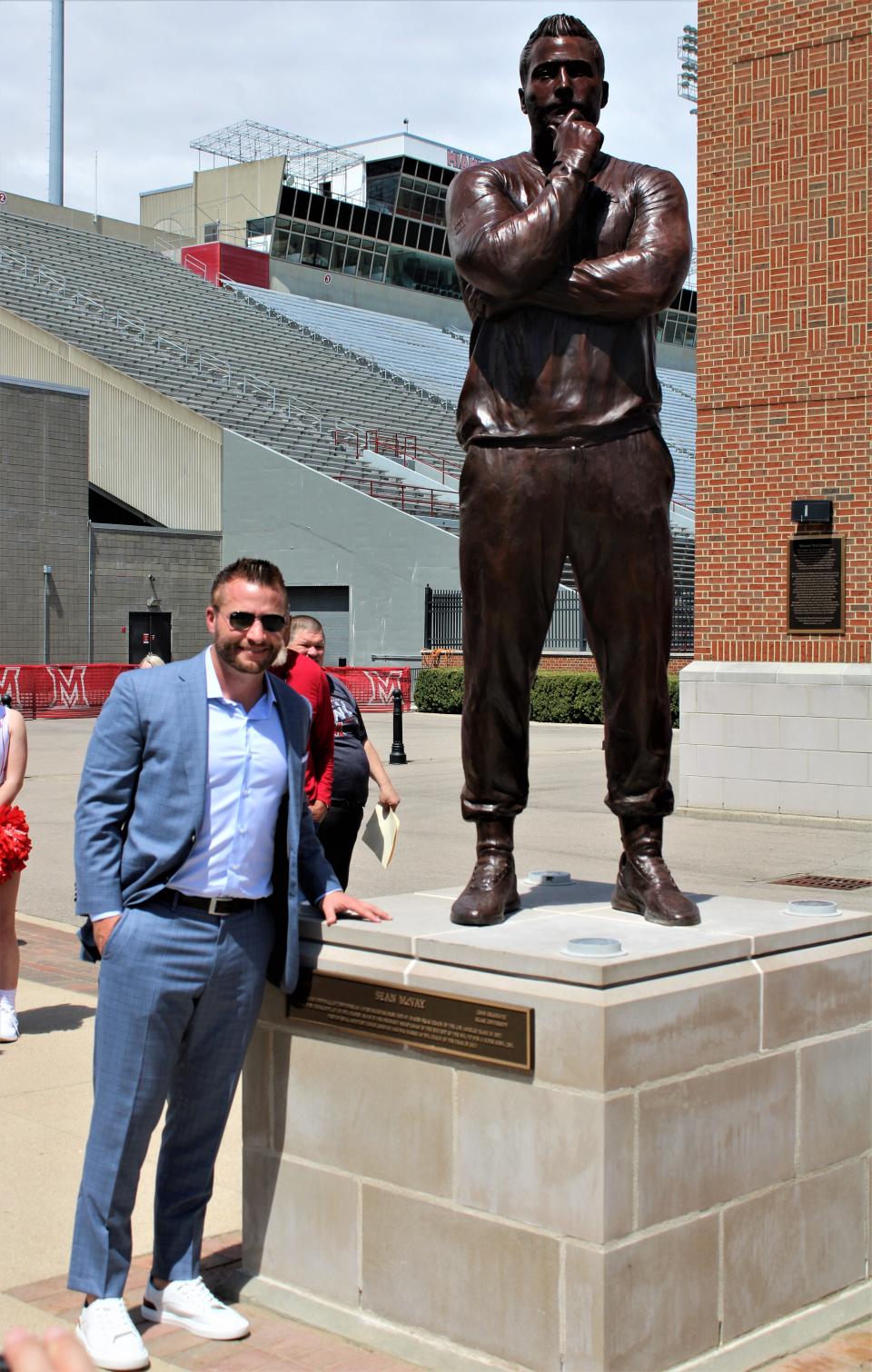 Sean McVay poses with his new statue at Yager Stadium. Los Angeles Rams head football coach Sean McVay became the 10th coach to have a statue in Miami University's prestigious Cradle of Coaches Plaza May 6, 2023. McVay was a former player at Miami and has been coaching in the NFL since 2009.  He became the youngest head coach in NFL history to win a Super Bowl (36) when the Rams beat the Bengals in 2022.