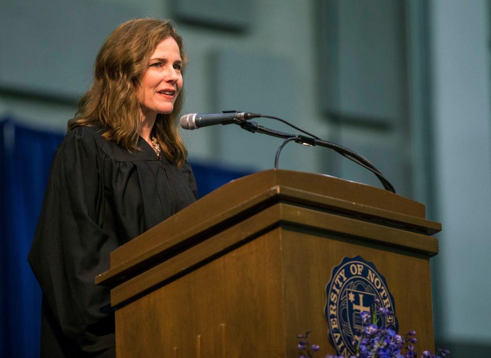 In this May 19, 2018 file photo, Amy Coney Barrett, United States Court of Appeals for the Seventh Circuit judge, speaks during the University of Notre Dame's Law School commencement ceremony at the University of Notre Dame in South Bend, Ind.
