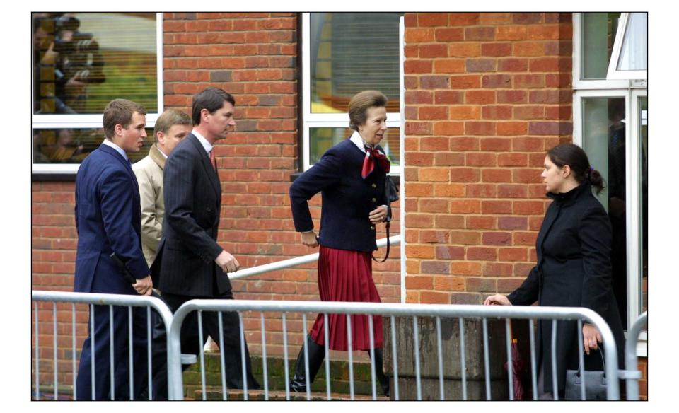 Princess Anne arrives at Slough magistrates court with Capt Tim Lawrence, to face a charge relating to her dog biting a member of the public.pic David Sandison 21/11/2002