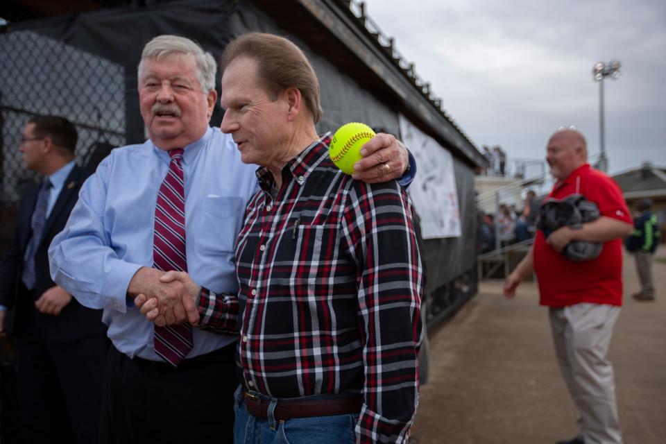 Lt. Gov. Randy McNally shakes hands with Sen. Joey Hensley, R-Hohenwald, at the Midstate Classic at Ridley Sports Complex in Columbia, Tenn., on Tuesday, March 15, 2022.