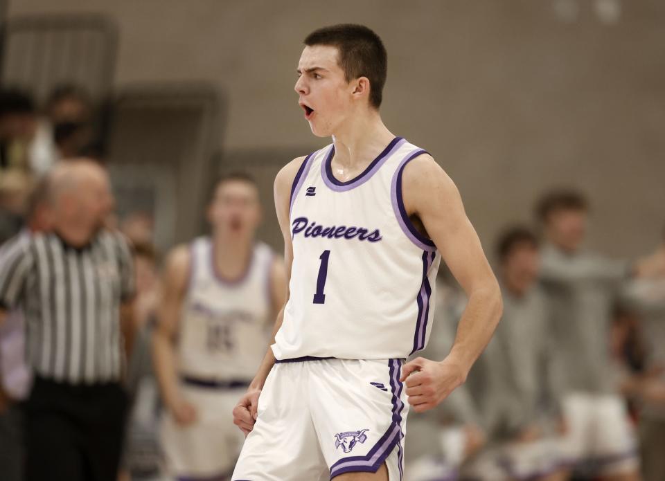 Lehi’s Cooper Lewis celebrates after scoring against American Fork at Lehi High School on Friday, Jan. 12, 2024. | Laura Seitz, Deseret News