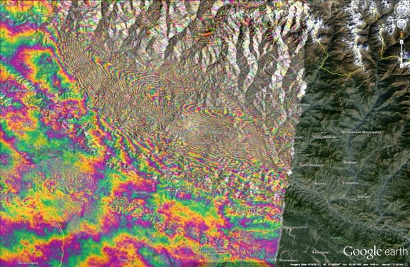 Satellite radar image of the ground changes due to the magnitude-7.8 Nepal earthquake on April 25.