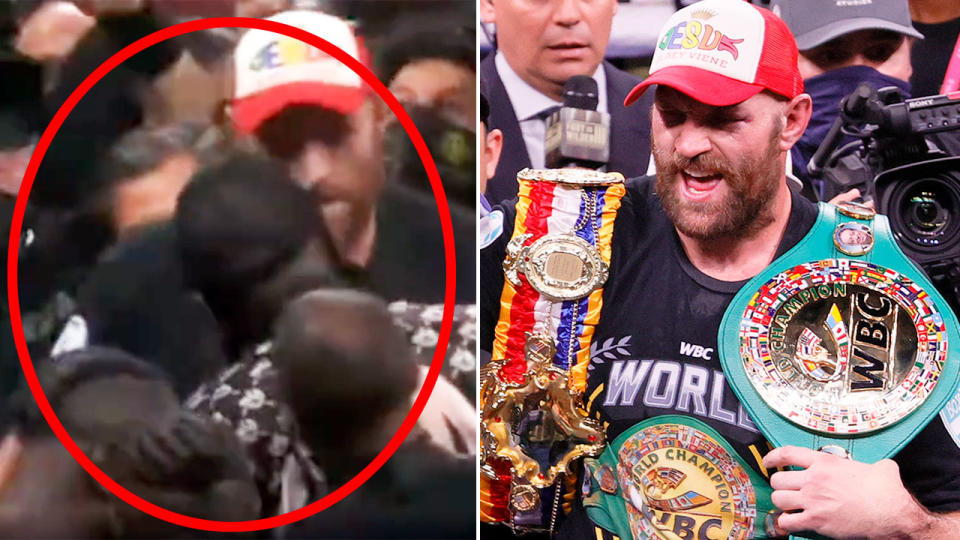 Seen here, Tyson Fury reacts after beating Deontay Wilder in their trilogy bout.