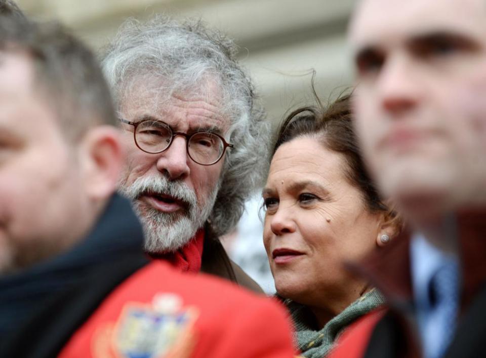 Sinn Féin leader Mary Lou McDonald and former leader Gerry Adams at a rally in Droghedain the wake of the murder of 17-year-old Keane Mulready-Woods.