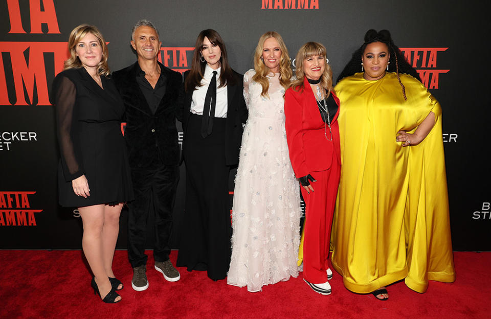 (L-R) Amanda Sthers, Christopher Simon, Monica Bellucci, Toni Collette, Catherine Hardwicke, and Sophia Nomvete attend the "Mafia Mamma" New York screening at AMC Lincoln Square Theater on April 11, 2023 in New York City.