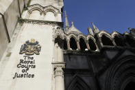 A view of the Royal Courts Of Justice, in London, Tuesday, Jan. 19, 2021. Meghan, the Duchess of Sussex will ask a High Court judge to rule in her favour in her privacy action against the Mail on Sunday over the publication of a handwritten letter to her estranged father. The case will be heard remotely due to the pandemic. (AP Photo/Kirsty Wigglesworth)