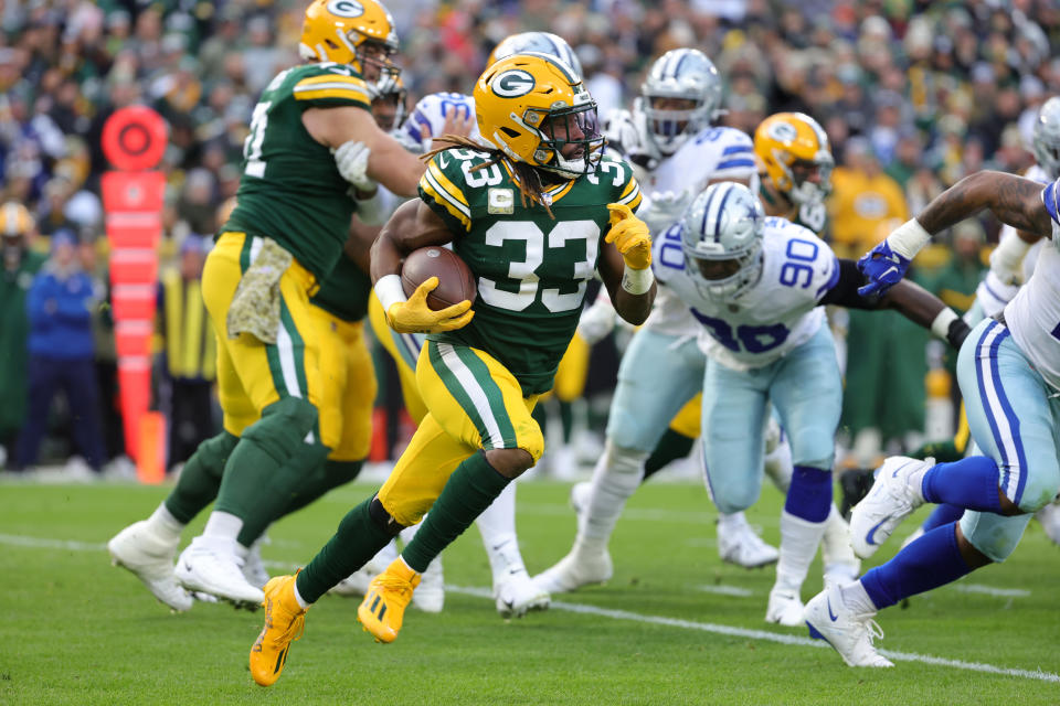 Aaron Jones had a special celebration when he scored against the Cowboys. (Photo by Stacy Revere/Getty Images)