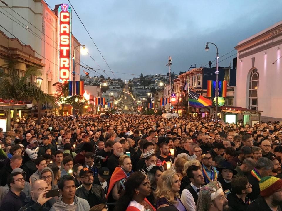 <p>People gather in the Castro District of San Francisco for a vigil for the victims of the Orlando shooting, June 12, 2016. (Stephen Lam/Reuters) </p>