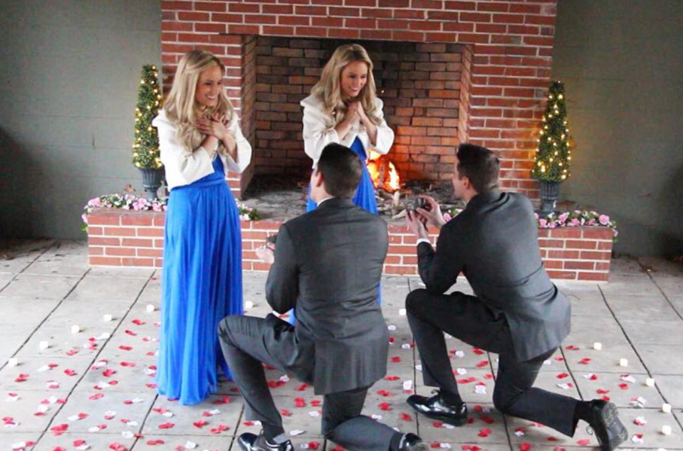 They shared a picture perfect proposal, wearing matching outfits and saying ‘yes’ at the same time. Source: Facebook/BrianaDeane