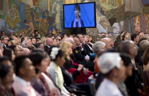 The audience watches as Nobel peace prize laureate, Myanmar opposition leader Aung San Suu Kyi gives her Nobel lecture in Oslo. Suu Kyi pledged to keep up her struggle for democracy as she finally delivered her Nobel Peace Prize speech, 21 years after winning the award while under house arrest